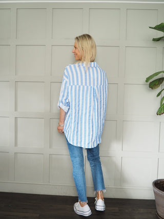 Brighton Cheesecloth Striped Blouse - Blue, Neon Pink, Neon Yellow