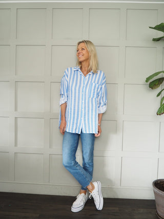 Brighton Cheesecloth Striped Blouse - Blue, Neon Pink, Neon Yellow