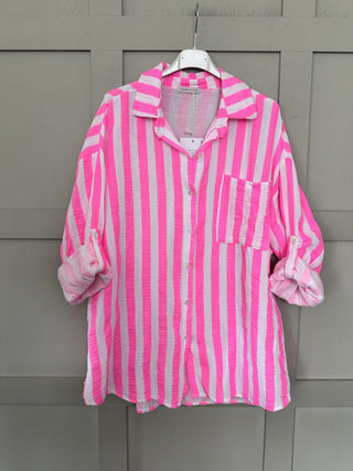 Brighton Cheesecloth Striped Blouse - Blue, Neon Pink, Neon Yellow