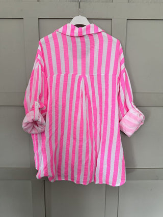 Brighton Cheesecloth Striped Blouse - Blue, Neon Pink, Neon Yellow