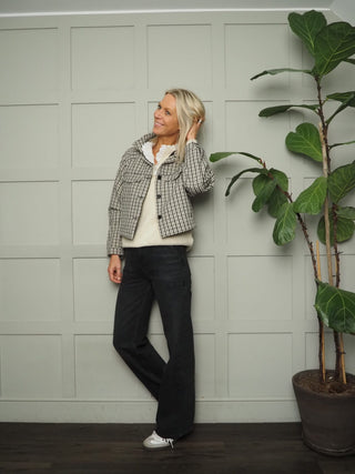 Nafisa Cropped Lined Houndstooth Jacket By Humility - Black/Cream/Grey