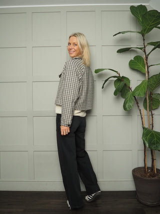 Nafisa Cropped Lined Houndstooth Jacket By Humility - Black/Cream/Grey