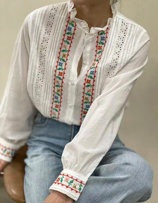 Shepton Blouse with Broderie Anglaise Details and Embroidered Flowers - Off White/Multi