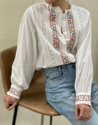 Shepton Blouse with Broderie Anglaise Details and Embroidered Flowers - Off White/Multi