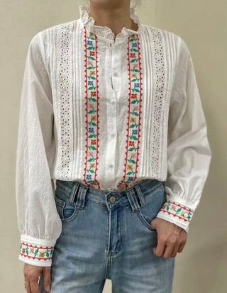 Shepton Blouse with Broderie Anglaise Details and Embroidered Flowers - Off White/Multi