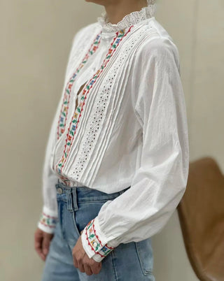 Shepton Blouse with Broderie Anglaise Details and Embroidered Flowers - Off White/Multi