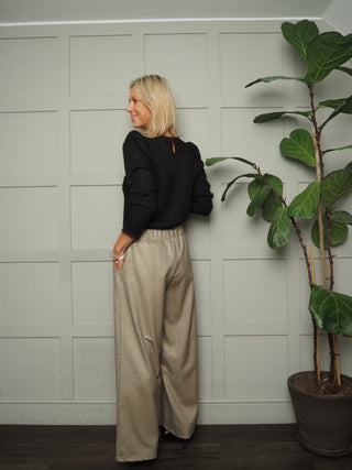 Chez Tweed Style, Wide Leg Trousers with Pleating Detail - Chocolate with Gold Lurex Woven Design
