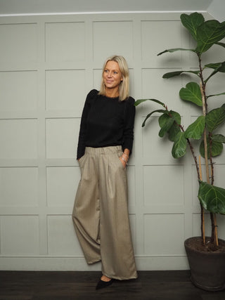 Chez Tweed Style, Wide Leg Trousers with Pleating Detail - Chocolate with Gold Lurex Woven Design