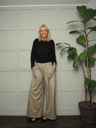 Chez Tweed Style, Wide Leg Trousers with Pleating Detail - Chocolate with Gold Lurex Woven Design