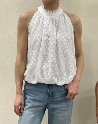 Monaco Halterneck Blouse with Embroidered Flowers - Off White
