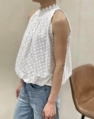 Monaco Halterneck Blouse with Embroidered Flowers - Off White