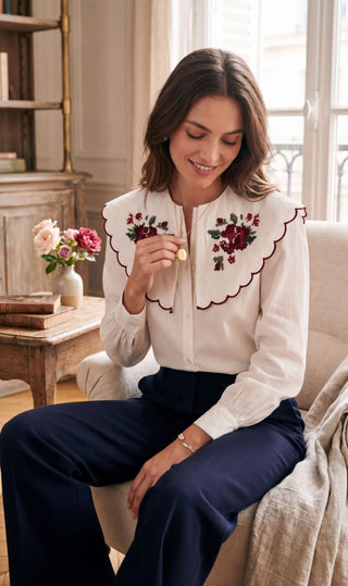 Felsted Blouse with Embroidered Peter Pan Collar - Navy Blue, Olive, Off White
