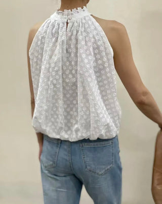 Monaco Halterneck Blouse with Embroidered Flowers - Off White