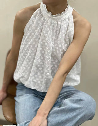 Monaco Halterneck Blouse with Embroidered Flowers - Off White