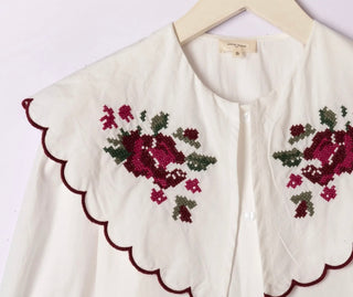 Felsted Blouse with Embroidered Peter Pan Collar - Navy Blue, Olive, Off White