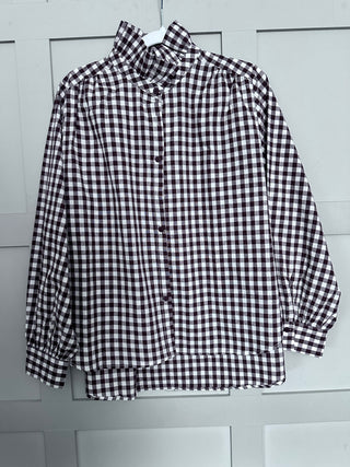 Chester Blouse with High Pleated Collar - Chocolate Check, Chocolate Stripe, Green Stripe