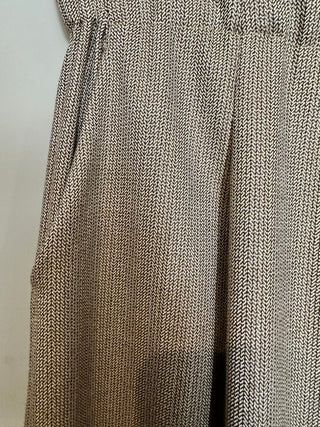 Chez Tweed Style, Wide Leg Trousers with Pleating Detail - Chocolate with Gold Lurex Woven Design