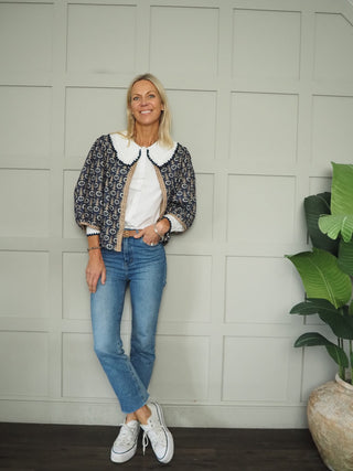 Pippa Blouse with Peter Pan Collar and Embroidered Detail - White/Navy Blue