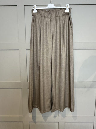 Chez Tweed Style, Wide Leg Trousers with Pleating Detail - Chocolate with Gold Lurex Woven Design