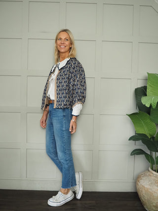 Pippa Blouse with Peter Pan Collar and Embroidered Detail - White/Navy Blue