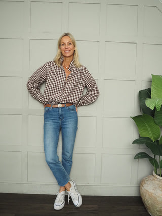 Chester Blouse with High Pleated Collar - Chocolate Check, Chocolate Stripe, Green Stripe