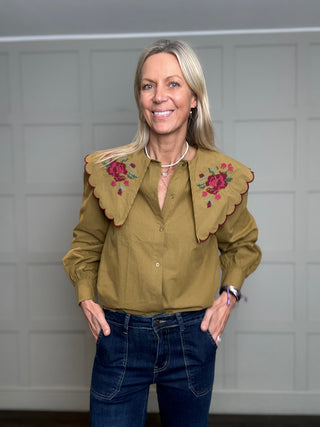 Felsted Blouse with Embroidered Peter Pan Collar - Navy Blue, Olive, Off White