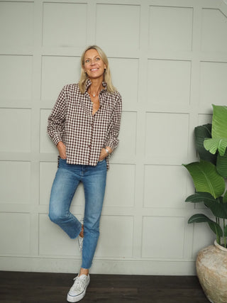 Chester Blouse with High Pleated Collar - Chocolate Check, Chocolate Stripe, Green Stripe