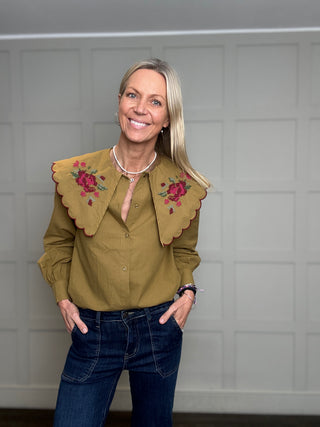 Felsted Blouse with Embroidered Peter Pan Collar - Navy Blue, Olive, Off White