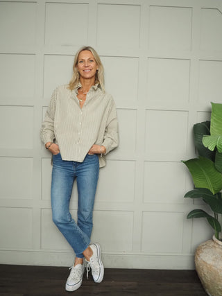 Chester Blouse with High Pleated Collar - Chocolate Check, Chocolate Stripe, Green Stripe