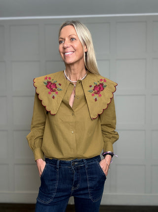 Felsted Blouse with Embroidered Peter Pan Collar - Navy Blue, Olive, Off White
