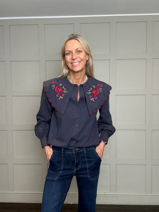 Felsted Blouse with Embroidered Peter Pan Collar - Navy Blue, Olive, Off White