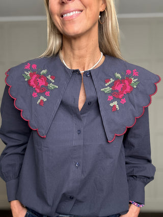 Felsted Blouse with Embroidered Peter Pan Collar - Navy Blue, Olive, Off White