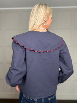 Felsted Blouse with Embroidered Peter Pan Collar - Navy Blue, Olive, Off White