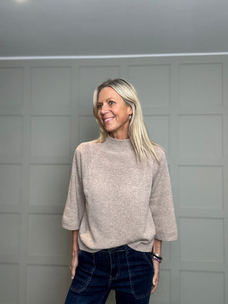 Preston Merino Wool Turtle Neck Jumper with Cropped Sleeves - Biscuit
