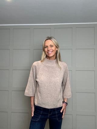 Preston Merino Wool Turtle Neck Jumper with Cropped Sleeves - Biscuit