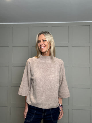 Preston Merino Wool Turtle Neck Jumper with Cropped Sleeves - Biscuit