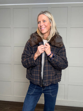 Bayham Jacket with Detachable Faux Fur Collar - Navy/Chocolate/Caramel