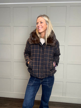 Bayham Jacket with Detachable Faux Fur Collar - Navy/Chocolate/Caramel