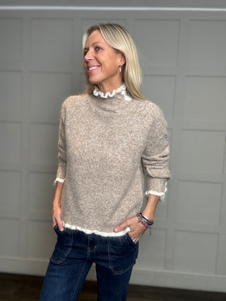 Ricco Turtle Neck Jumper with Button Details - Biscuit/Off White, Off White/Navy Blue