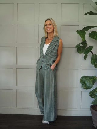 Croatia Waistcoat &amp; Wide Leg Trouser Pin Stripe Set - Khaki