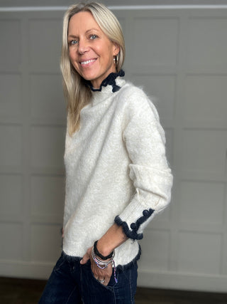 Ricco Turtle Neck Jumper with Button Details - Biscuit/Off White, Off White/Navy Blue