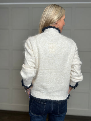 Ricco Turtle Neck Jumper with Button Details - Biscuit/Off White, Off White/Navy Blue