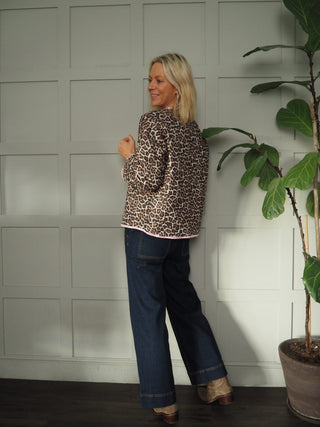 Lowry Cotton, Leopard Print, Lightweight, Quilted Jacket with Pink Satin Trim - Black/Camel/Pink