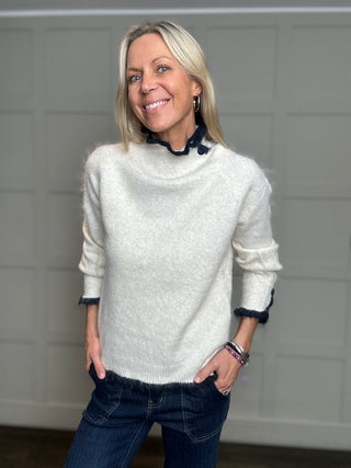 Ricco Turtle Neck Jumper with Button Details - Biscuit/Off White, Off White/Navy Blue