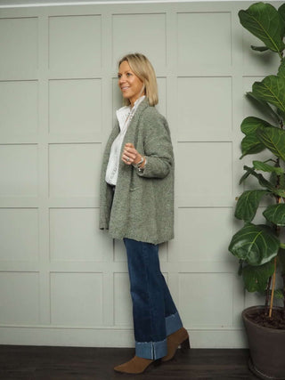 Chloe Chunky Knit Cardigan with Front Pockets and No Fastenings - Black, Ecru and Khaki