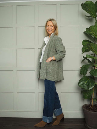 Chloe Chunky Knit Cardigan with Front Pockets and No Fastenings - Black, Ecru and Khaki