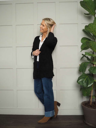 Chloe Chunky Knit Cardigan with Front Pockets and No Fastenings - Black, Ecru and Khaki