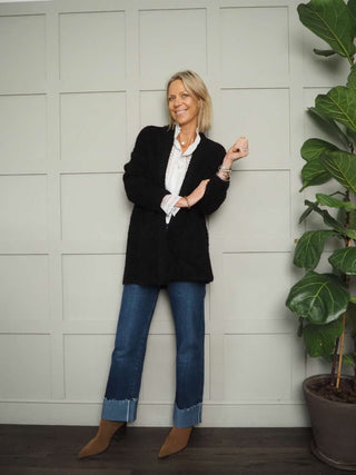 Chloe Chunky Knit Cardigan with Front Pockets and No Fastenings - Black, Ecru and Khaki