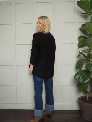 Chloe Chunky Knit Cardigan with Front Pockets and No Fastenings - Black, Ecru and Khaki