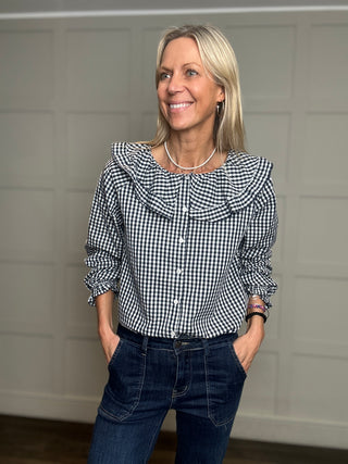 Fiona Gingham Blouse with Frill Peter Pan Collar - Chocolate, Navy Blue